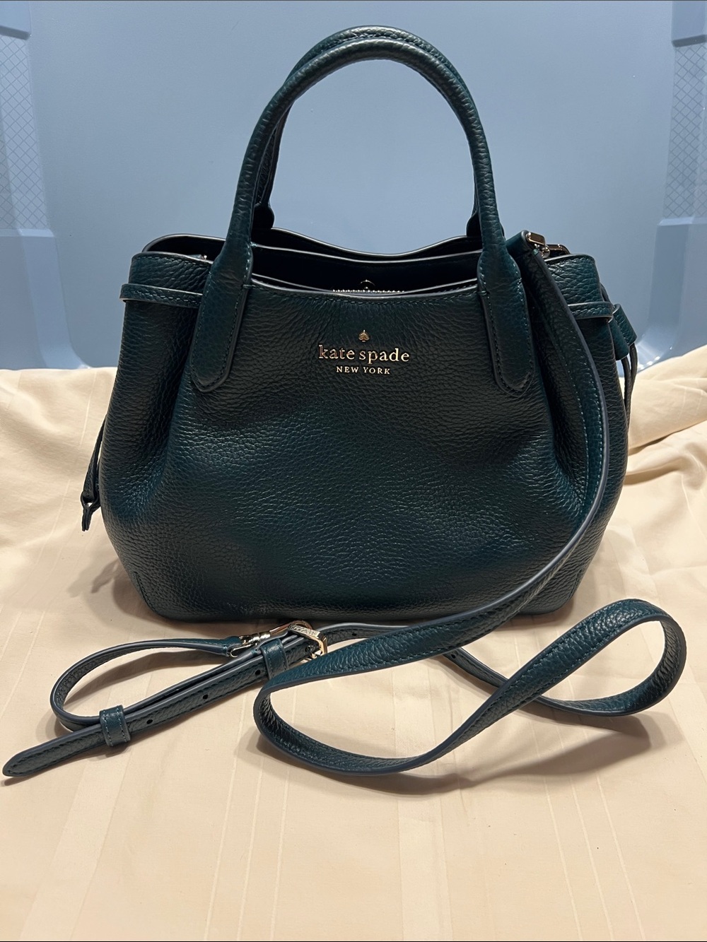 kate spade Dark Teal Pebbled Leather Satchel with Crossbody Strap